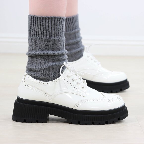 White Patent Brogue Loafers  Chunky Black Lug Sole Oxfords - Picture 8 of 16